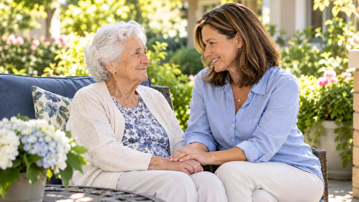Senior smiling in assisted living community common area