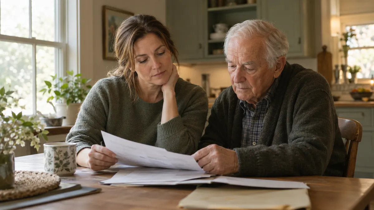 Family caregiver looking at resources on laptop with senior relative in background