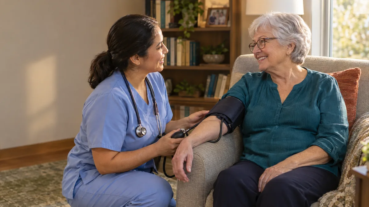 Nurse checking the blood pressure of a smiling older woman in her assisted living apartment
