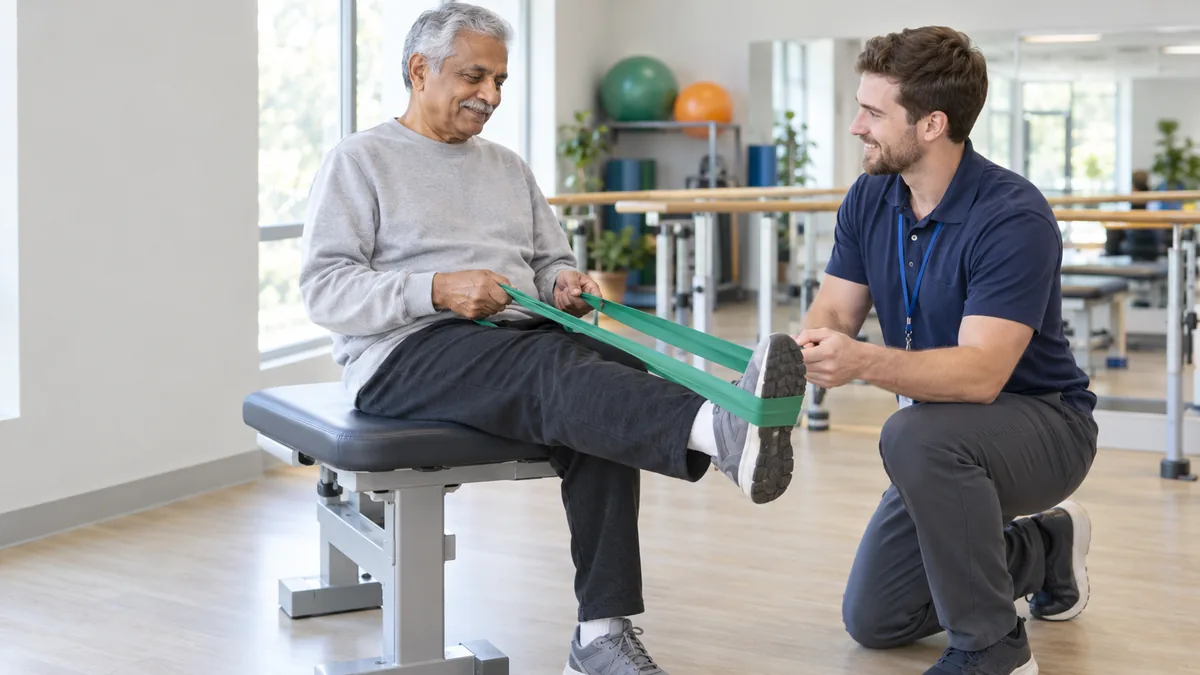 Physical therapist helping an older man do a leg exercise with a resistance band in a rehab gym