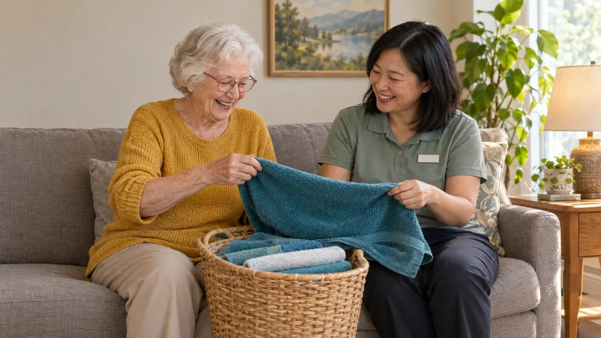 Home care aide and an older woman laughing as they fold towels together on a living room sofa