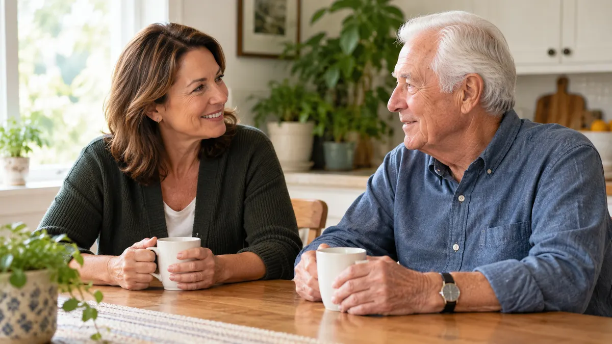 Senior receiving in-home care from caregiver in living room