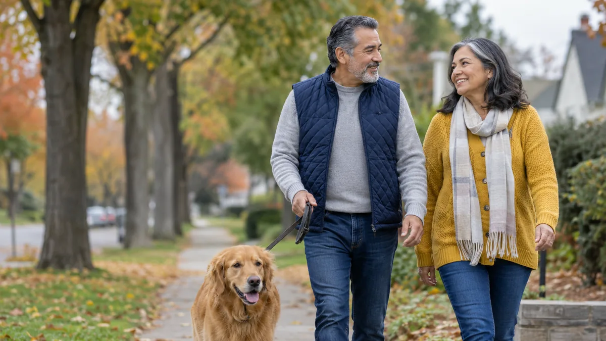 Couple in their early sixties walking their dog along a leafy neighborhood path on a cool morning
