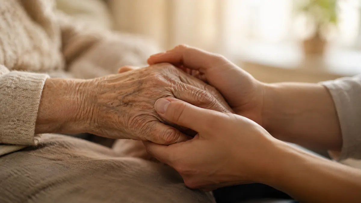 Senior with dementia in memory care community common area