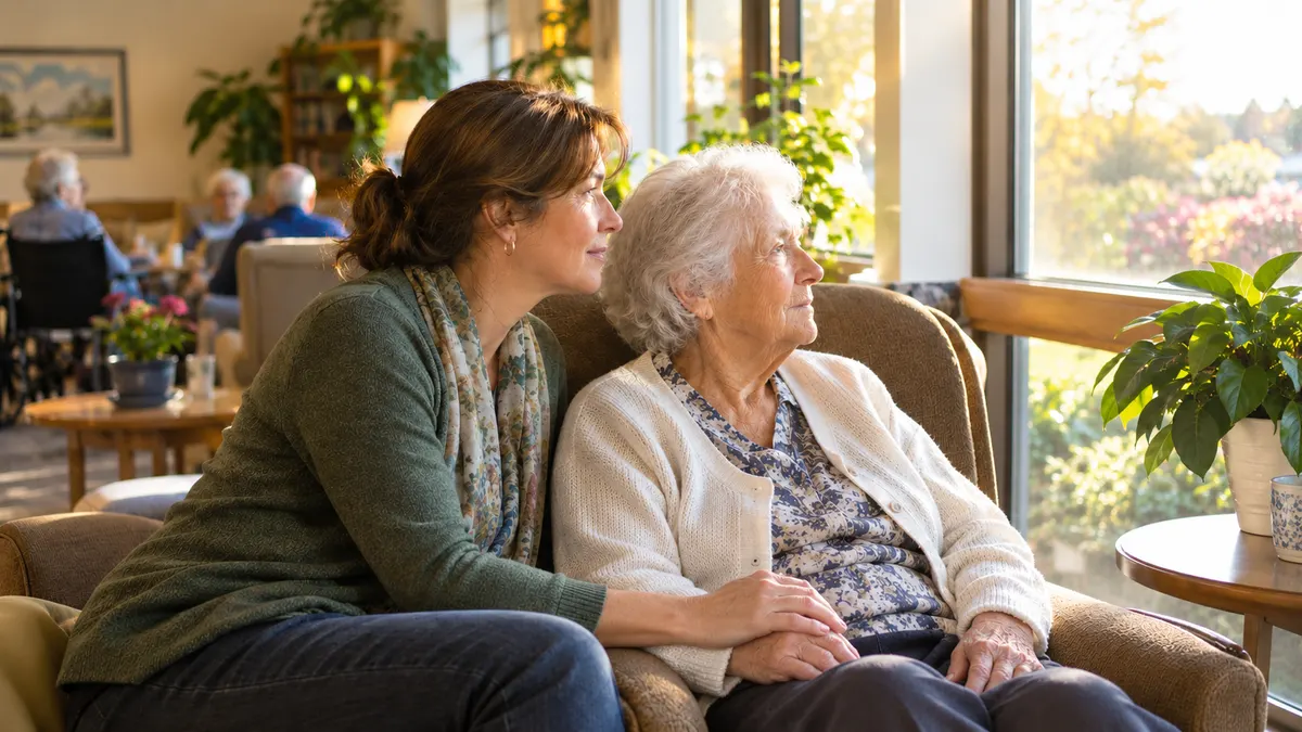 Senior resident in nursing home common area with caregiver