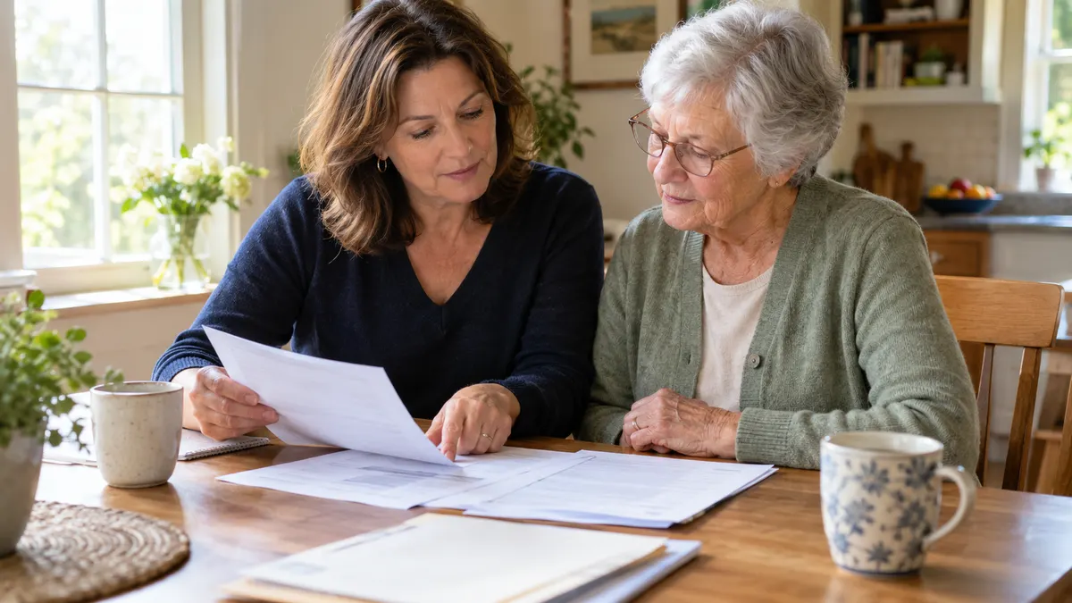Family reviewing senior care payment options and costs at kitchen table