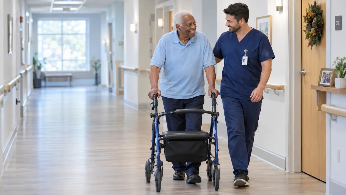 Older man and resident assistant walking together in a sunlit assisted living hallway