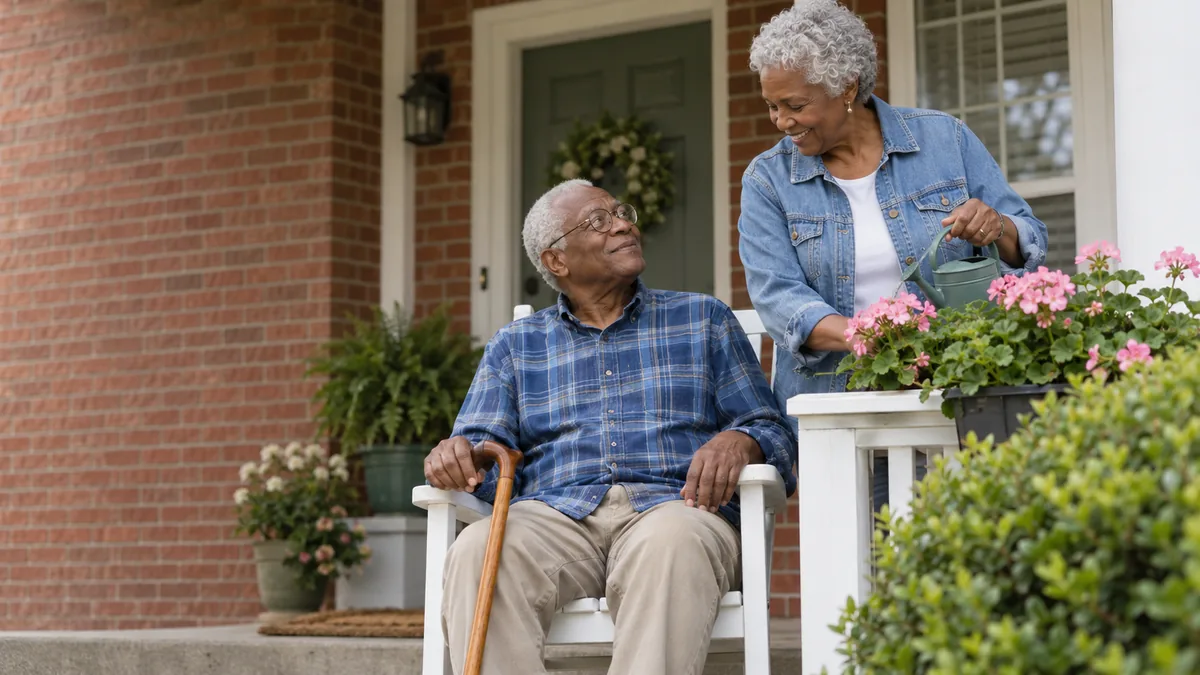 Older couple relaxing on the front porch of their brick home while the wife waters a flower planter